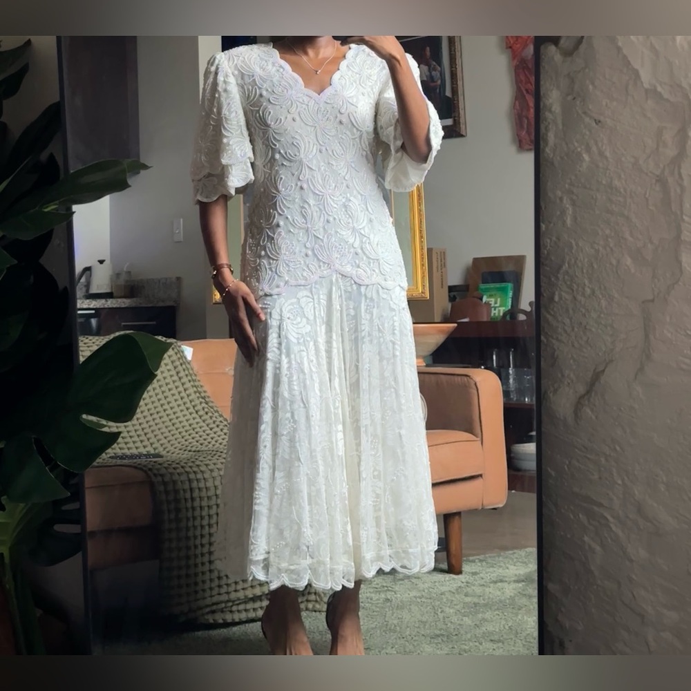 Laurence Kazar 80’s White Lace Heavily Beaded Pearl Wedding Dress, Size Medium